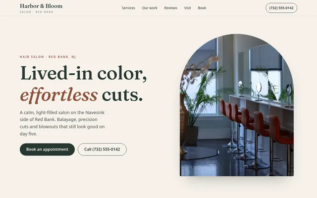 Homepage of the Harbor & Bloom Salon sample website