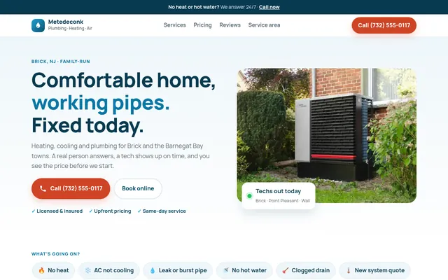 Homepage of the Metedeconk Plumbing & Air sample website
