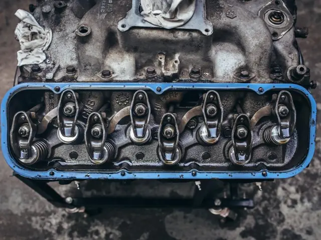 Cylinder head on the bench during an engine repair