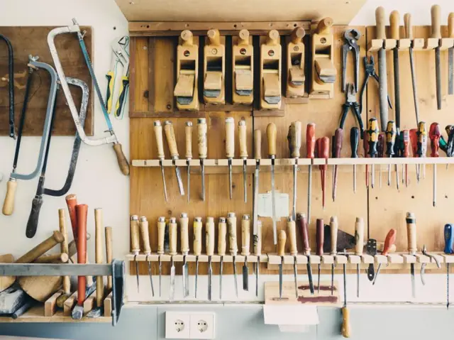 Organized tool wall in the shop