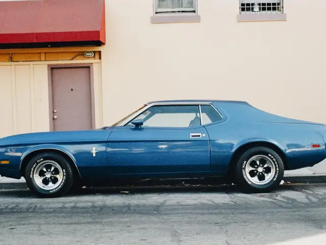 Blue classic Mustang after paint and body work
