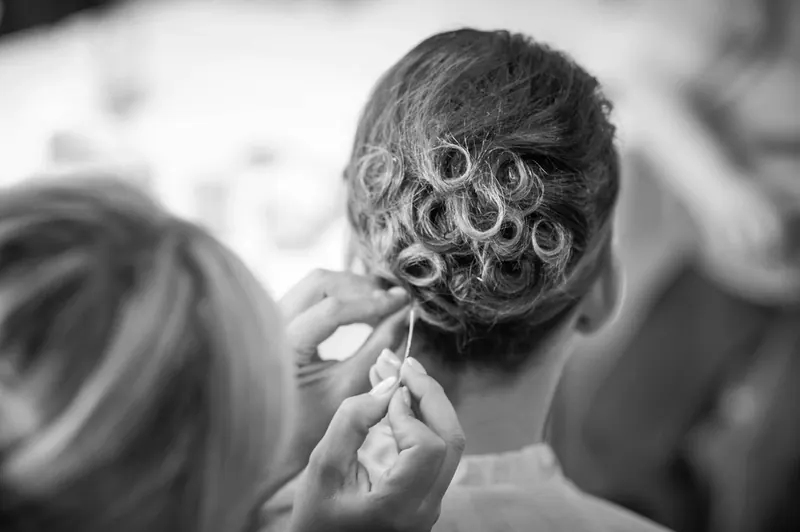 Pinned curls for an event updo, black and white